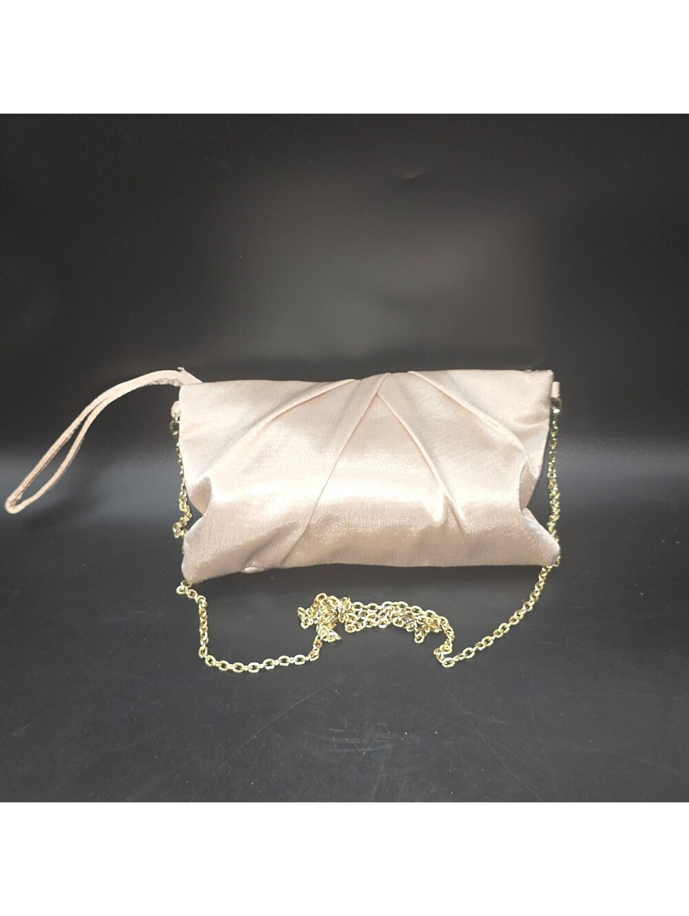 Charming Charlie RSVP Champagne Satin Pleated Evening Clutch Bag Wristlet Chain